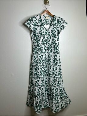Ex Voto 100% Cotton White Green Bird Block Printed Maxi Dress